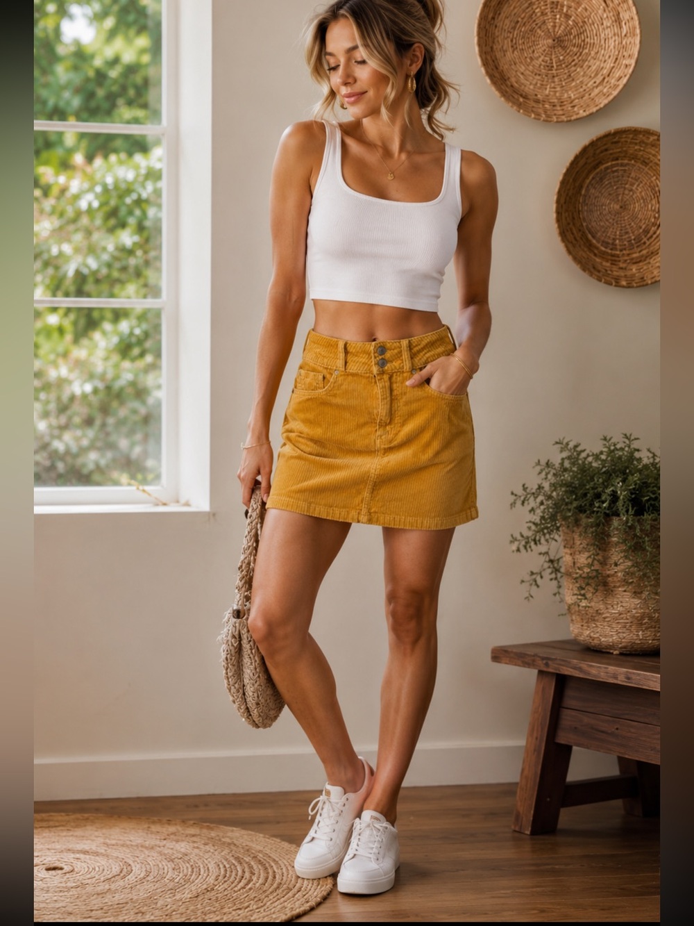 PacSun Mustard Yellow Corduroy Mini Skirt Ribbed Y2K Size 23